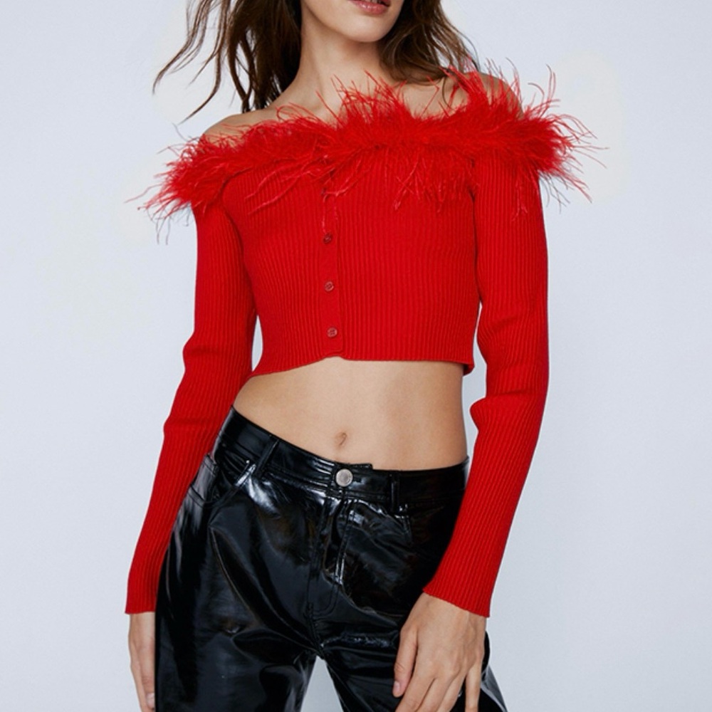 Off the shoulder feather detailed sweater top